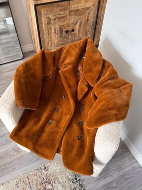 Lulus Plush Double-Breasted Faux Fur Coat - Rust Orange/Brown